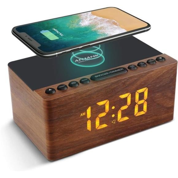 Wooden Digital Alarm Clock FM Radio, Fast Wireless Charger Station for iPhone - Picture 1 of 6